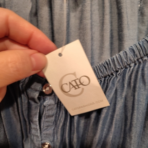 Cato NWT Blue Chambray Peasant Top Sz 26/28W Summer Boho Beach Stripe Patches - Picture 3 of 8